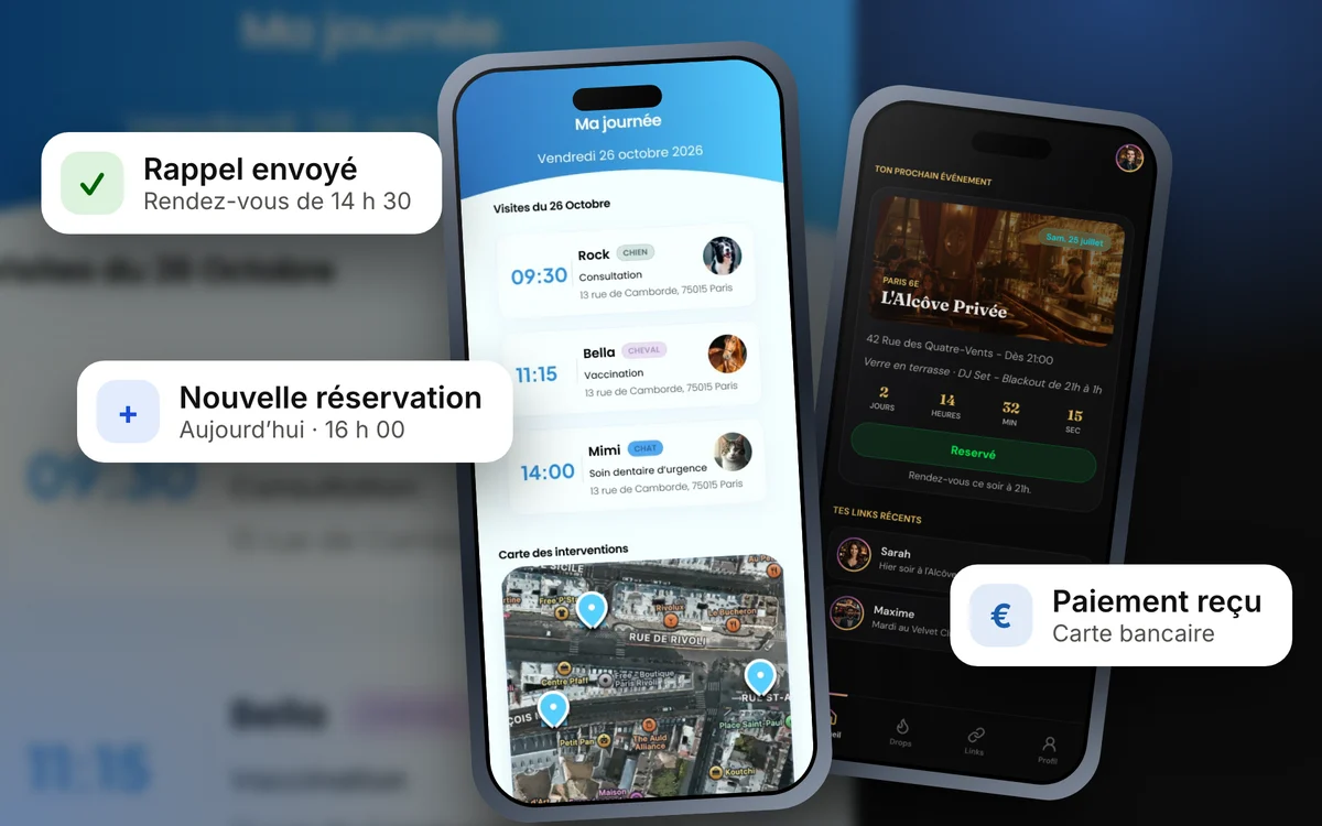 Exemple d'application mobile : écran de l'app et notifications de réservation, de rappel et de paiement