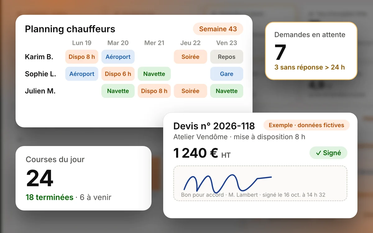 Exemple de logiciel métier : indicateurs et dispatch d'une société de transport avec chauffeur (données fictives)