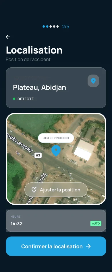 Application Rapido : écran de localisation de l'accident